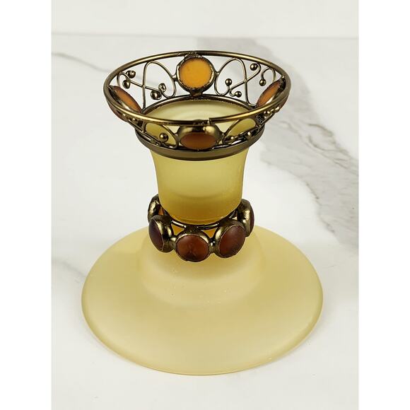 PartyLite Paris Retro Taper Candle Holder Yellow Frosted 3 3/4" Amber Jewel 80's - Picture 2 of 16